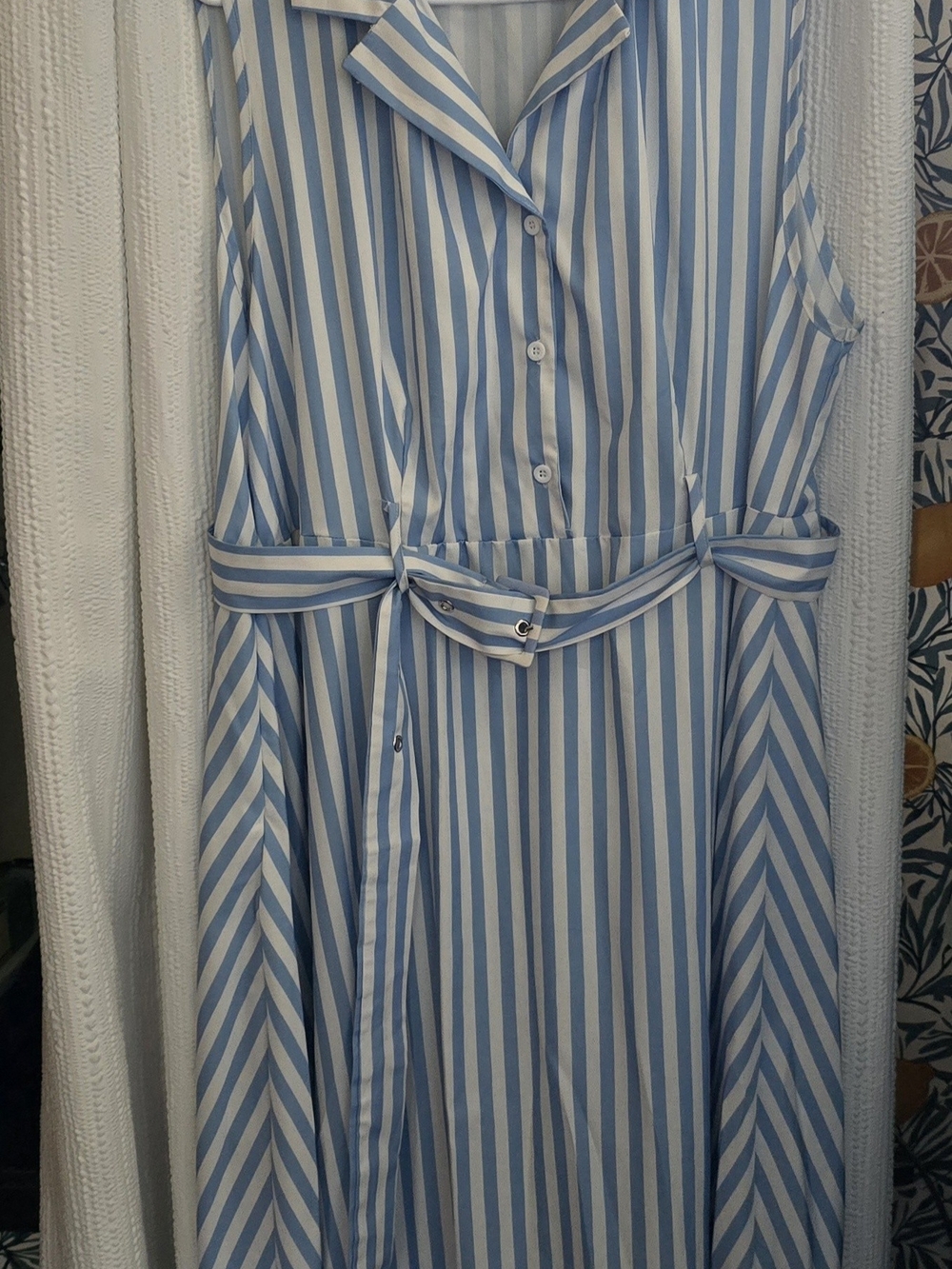 Sleeveless Blue and White Stripe Shirt Dress with Belt